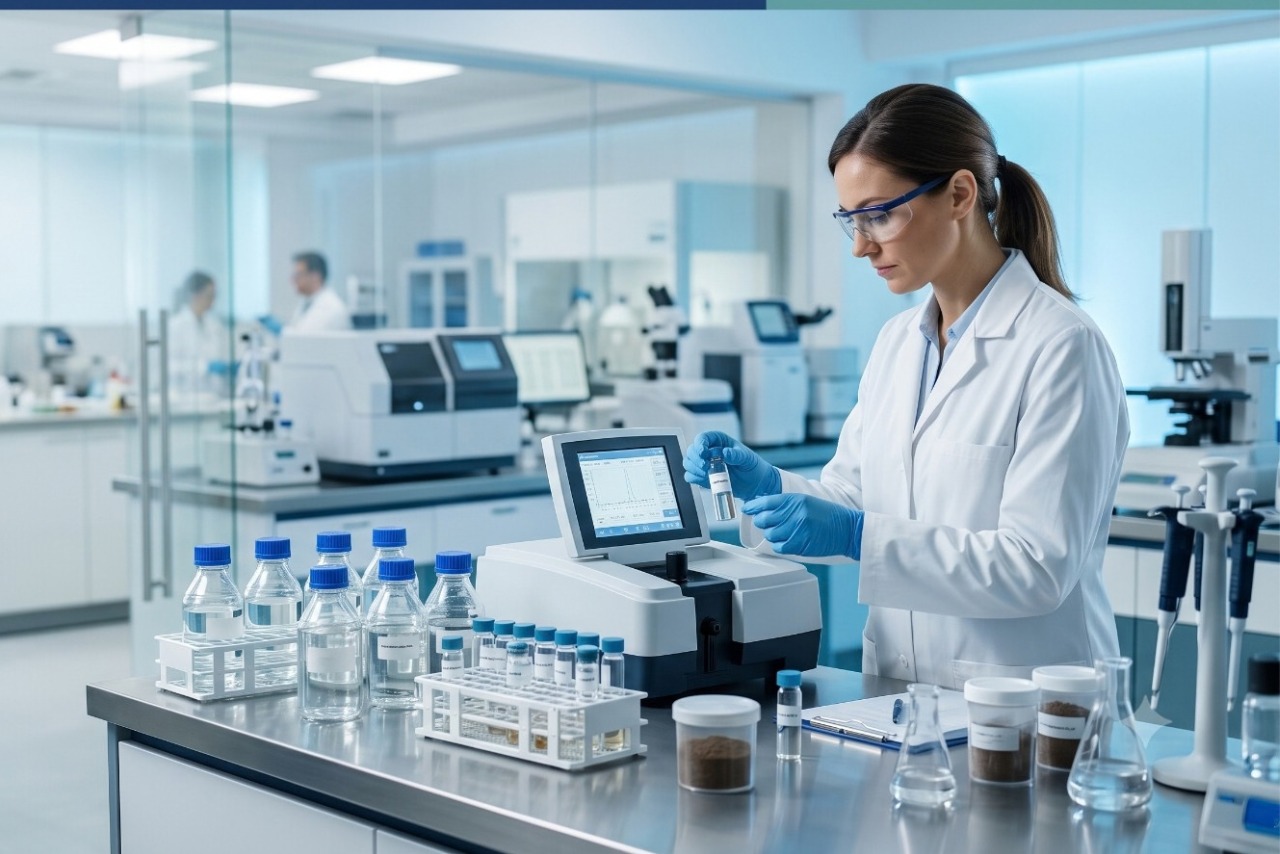 Environmental testing laboratory analyzing water, soil, and air samples