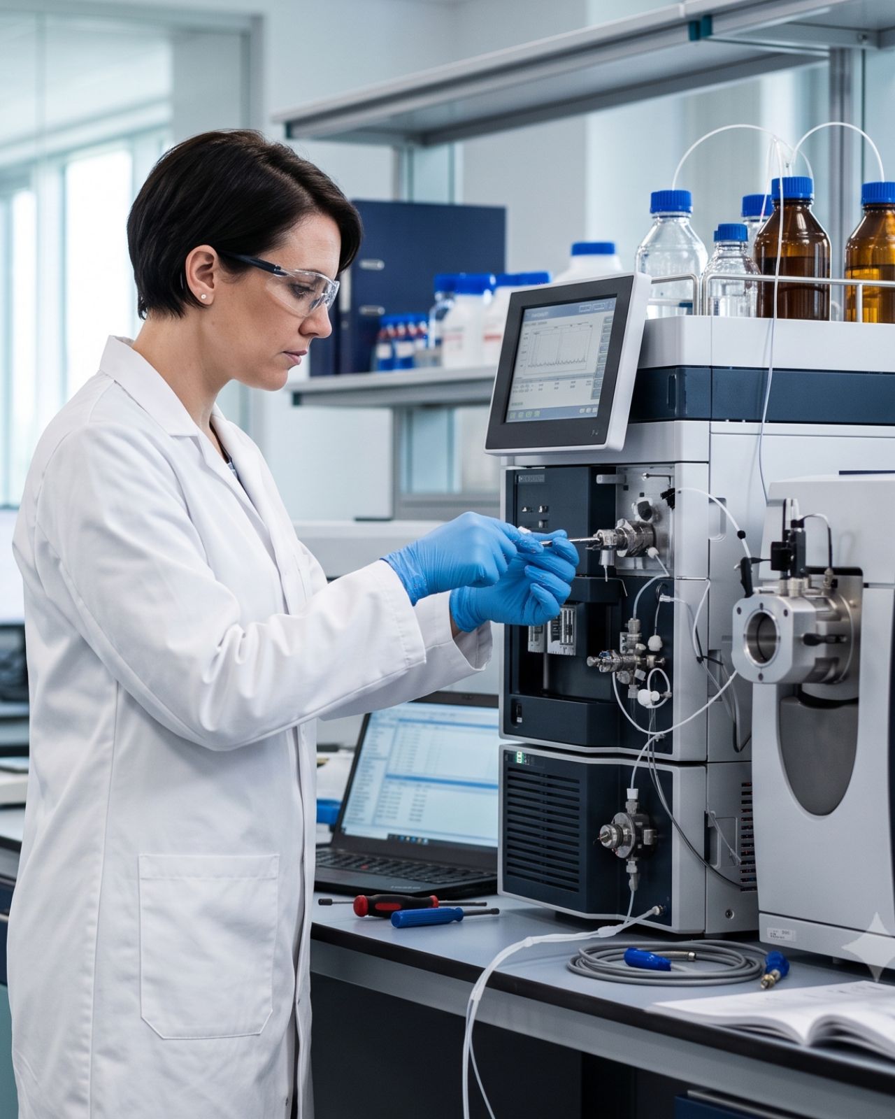 Laboratory service engineer calibrating and maintaining scientific analytical equipment