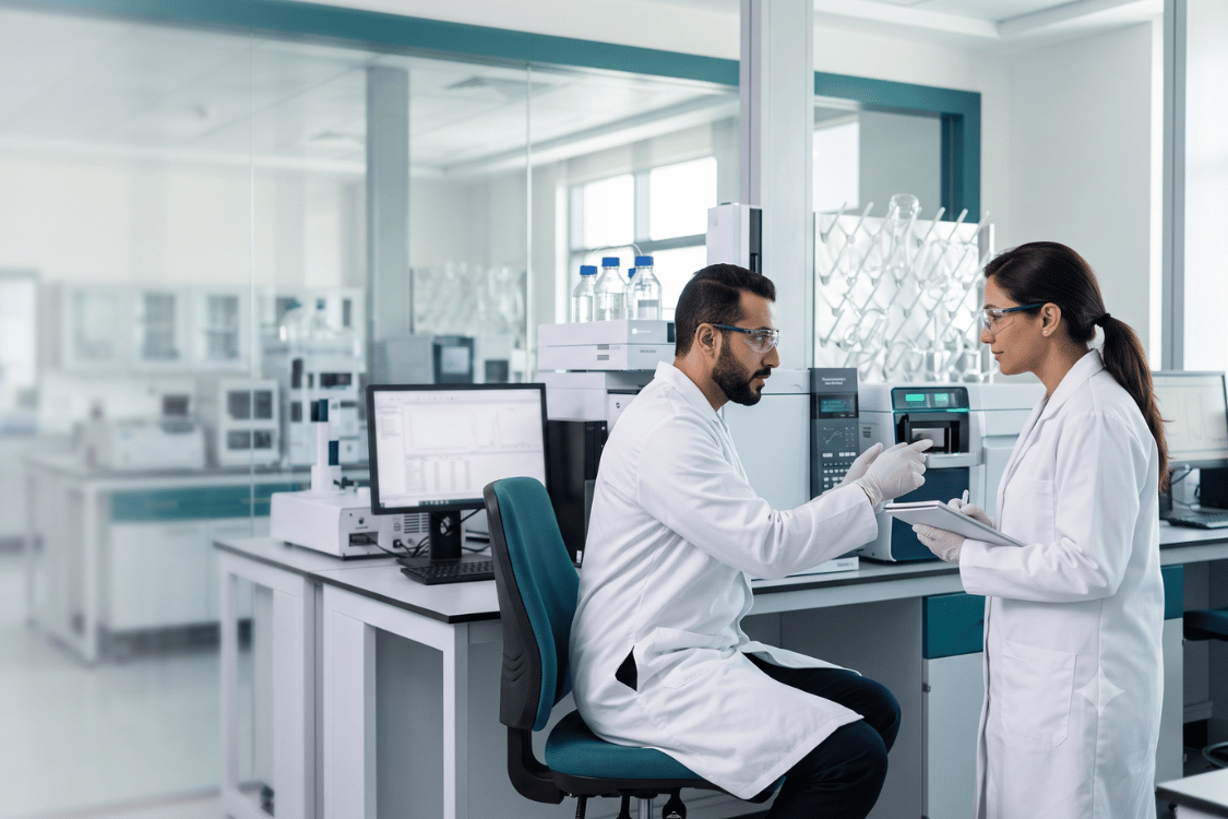 Scientist operating precision analytical instrumentation in a research laboratory